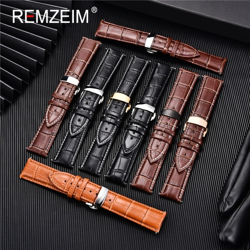Embossed Genuine Leather Strap with Automatic Butterfly Buckle - Business Watchband