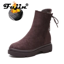 Fujin/женская зимняя обувь из флока, на платформе, со шнуровкой, без шнуровки; Длинные теплые плюшевые меховые ботиночки; ботильоны; зимние женские ботинки
