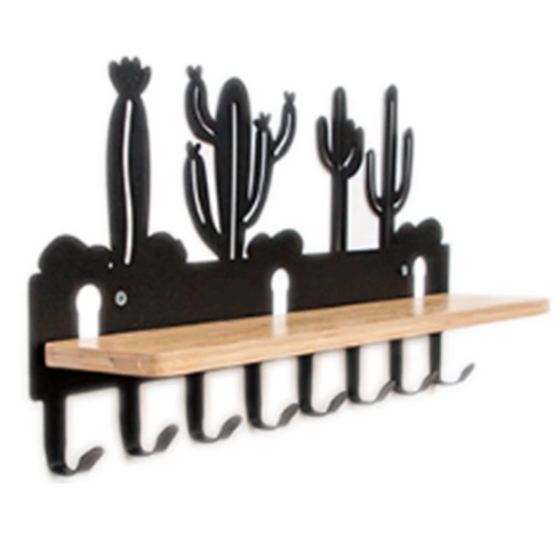 

Iron Wood Multifunctional Storage Rack Wall Mounted Hanger Coat Hat Rack Key Hook Bathroom Shelf Storage Rack 8 Hooks Home Dec