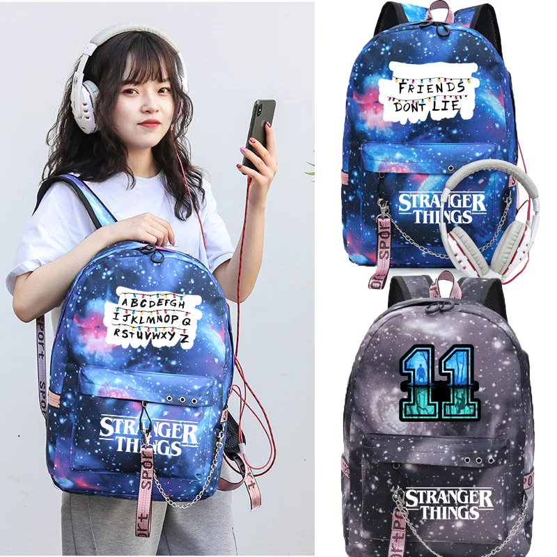 

IMIDO Star Stranger Things Backpacks for School Students Usb Charging Personality Chain Shoulders Backpacks Teenagers Travel Bag