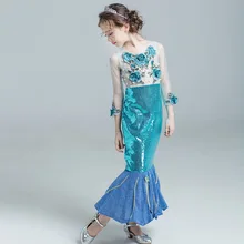 Торжественное платье для подиума для девочек; Костюм Русалки; платья для невесты; детское платье принцессы со шлейфом; Синяя Женская одежда для выступлений