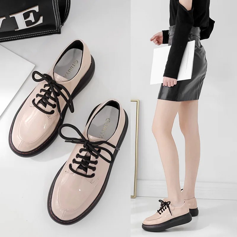 

2019 Autumn And Winter New Style Versatile Thick Bottomed Lace-up Shoes Patent Leather round-Toe Platform Shoes Women's Casual R