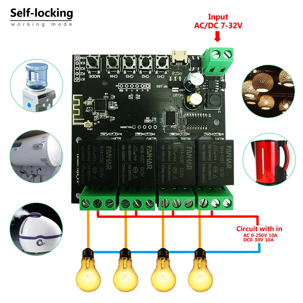 4CH Tuya Switch WiFi Switch Module Wireless Relay Smart life APP