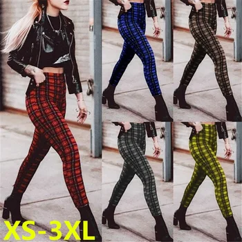 価格 Women Pencil Pants Bodycon Plaid Casual Elastic Slim Trousers High Waist Skinny Leggings Push Up Hips Pant Streetwear Plus Size