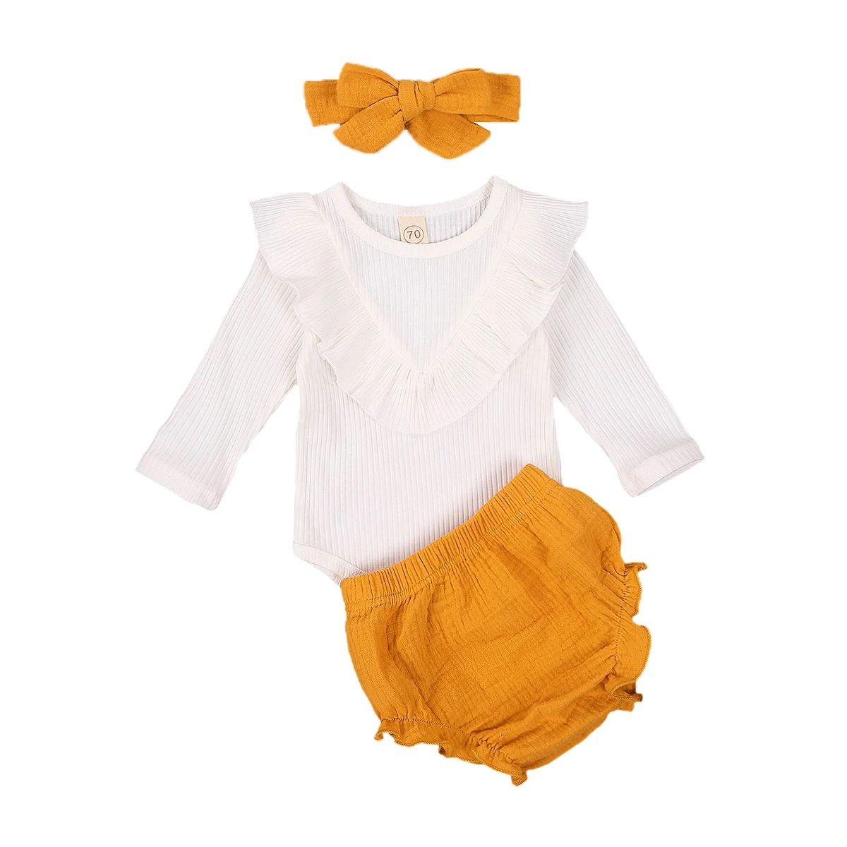 

2020 New Fall Autumn Newborn Baby Girls 3Pcs Set Ruffled Long Sleeve V Neckline Bodysuit+Yellow Flared Shorts+Headband Clothes
