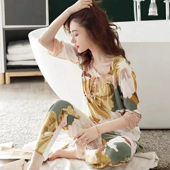 

Modal Cotton Pajamas Female Three Quarter sleeve Trousers Spring and Autumn Pajamas for Mother Nightwear Pyama Suit Pujama Femme
