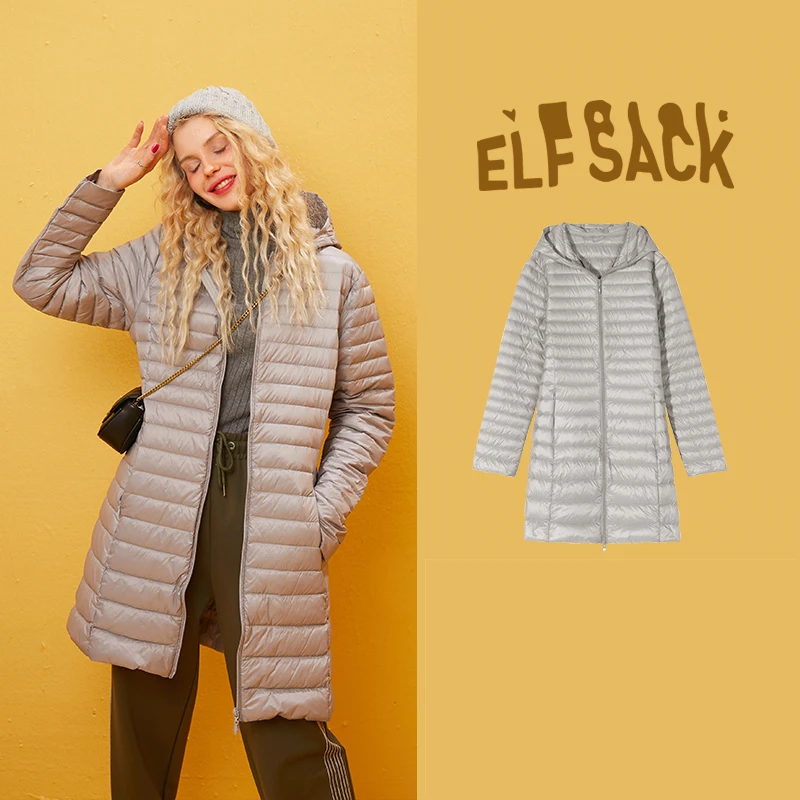 Long Silver Grey ELFSACK, ультра светильник, 80% белый утиный пух, пальто для женщин, сплошной цвет, короткая тонкая куртка, Осень-зима, теплая тонкая верхняя одежда - Цвет: Long Silver Grey