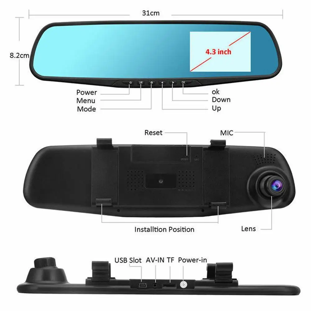 4,3 дюймов HD 1080P двойной объектив задний вид автомобильного регистратора зеркало вождения рекордер камера комплект Авто рекордер видео full hd Передняя и задняя
