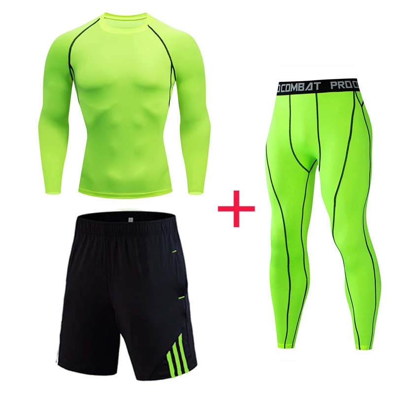 Брендовая одежда, спортивная одежда, полный костюм, спортивный костюм, костюм для бега, компрессионные колготки, быстросохнущее Спортивное нижнее белье, базовый слой, комплект S-4XL - Цвет: light green