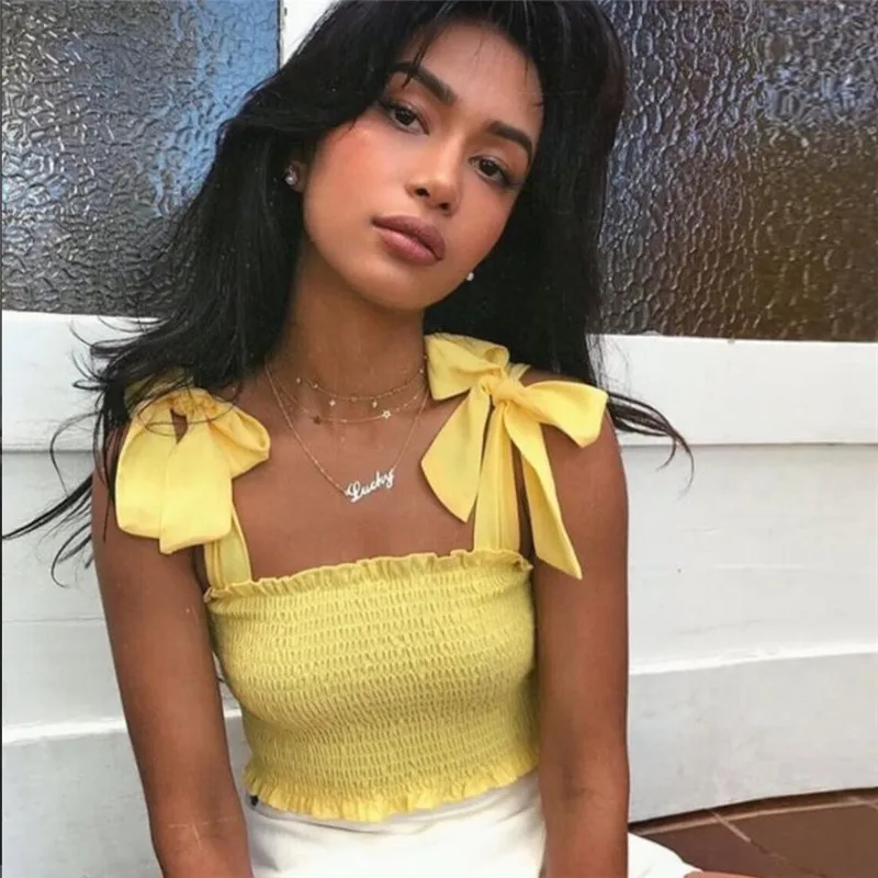 Yellow 2020 New Summer Crop top Women Bow Tie Strap Ruched tank Top Lettuce Edge Elastic Camis | Женская одежда