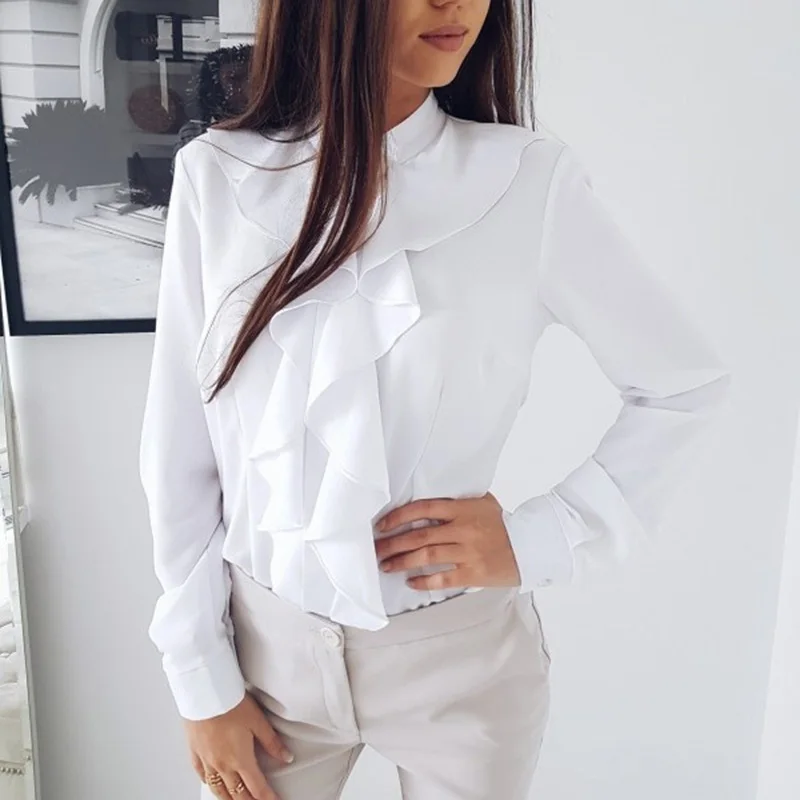 New Women Soft Blouse Tops Long Sleeves Ruffled V-neck Solid Color Slim Tops New Women Soft Blouse Tops Long Sleeves Ruffled V-neck Solid Color Slim Tops