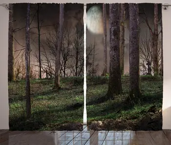 

Gothic Window Curtains Dark Night in The Forest with Full Moon Horror Theme Grunge Style Halloween Living Room Decor Bedroom