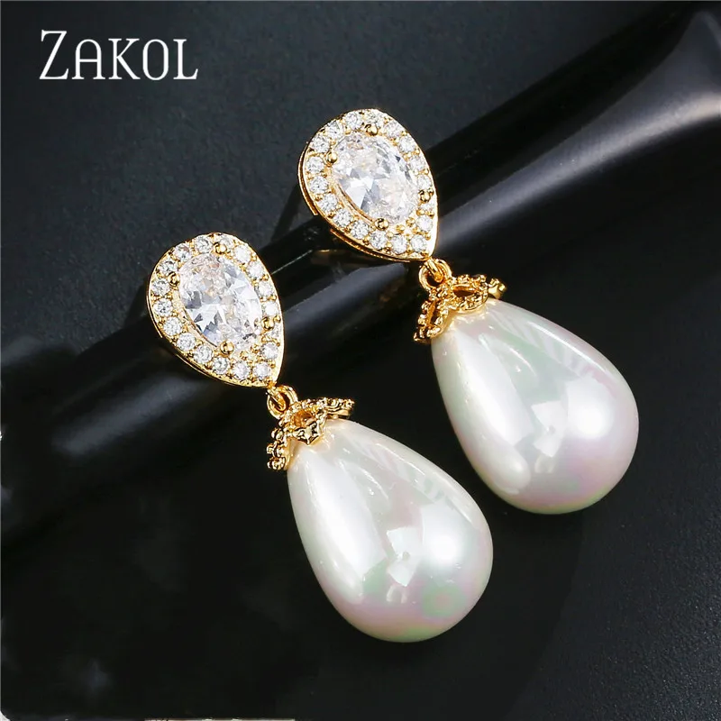 Модные женские серьги ZAKOL из розового золота с искусственным жемчугом и фианитом