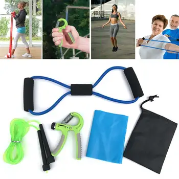 

5pcs/set Fitness Equipment Gym Home 8 Word Chest Rope Jumping Rope Finger Grip Resistance Band Bag Kit for Muscle Training