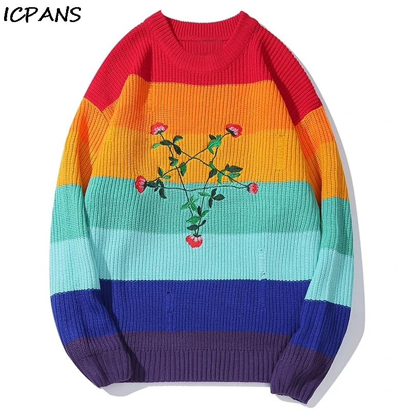 

ICPANS Loose Rainbow Sweater For Man Flower Embroidery Pullover Sweaters 2019 Winter Streetwear Hip Hop Men Knitted sweater
