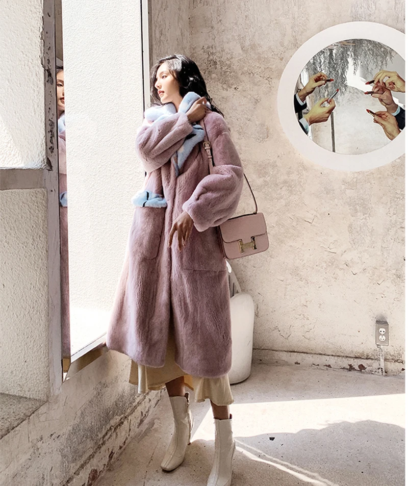 Ftangaiur зимняя импортная бархатная норковая шуба женская контрастная цветная куртка с карманами X-Long приталенная шуба из натурального меха норки