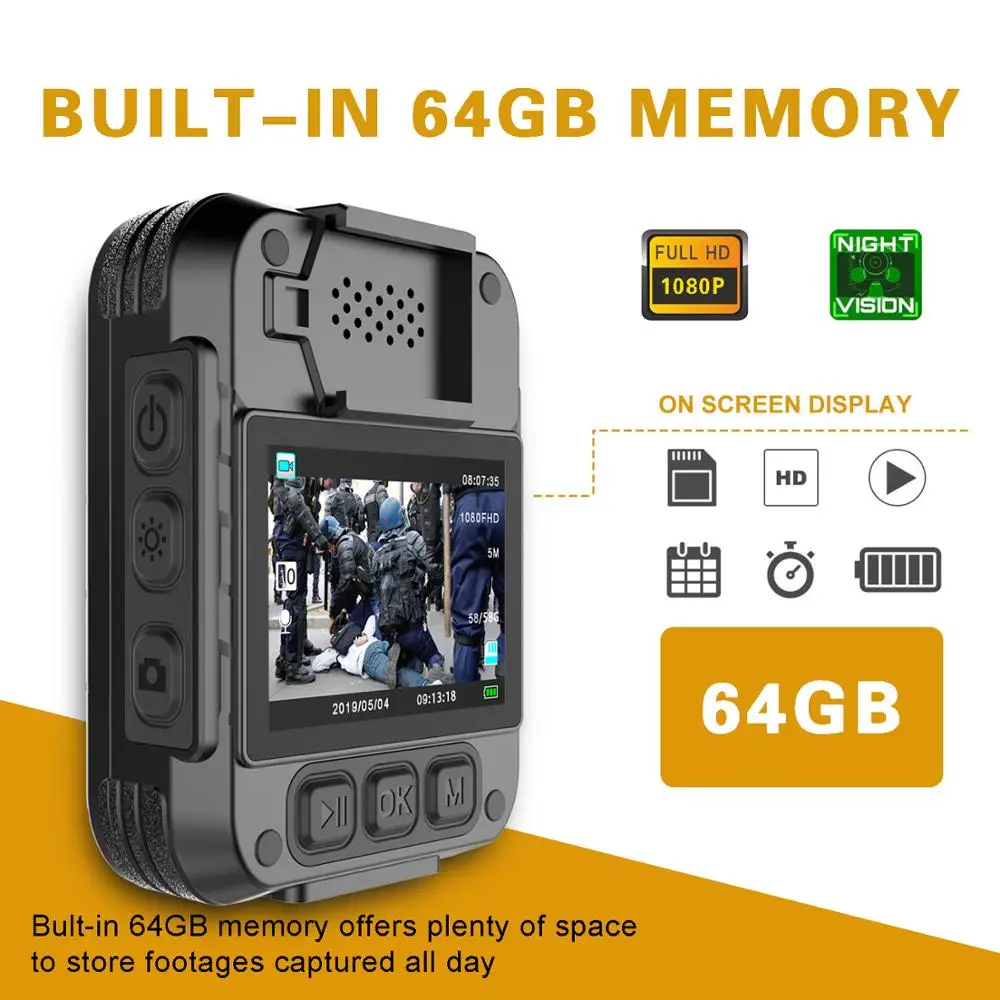 CammPro M831 HD 1296P Police Body Camera 64GB 13 Hours Recording Wearable Camera Night Vision Security Guard Personal Recorder