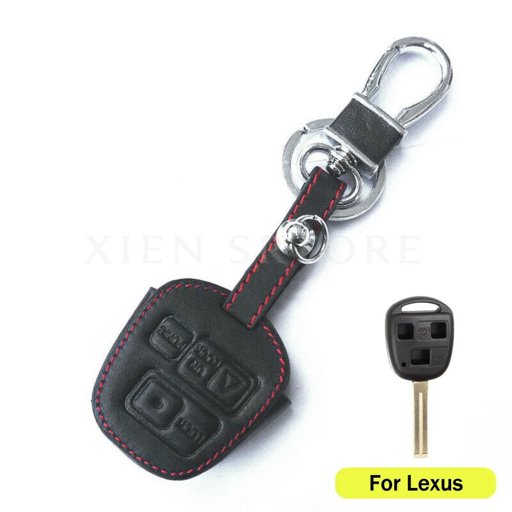 

For Lexus Toyota 3 Buttons FOB Black Leather Car Remote Smart Keyless Key Case Holder Cover Shell With Keychain Accessories