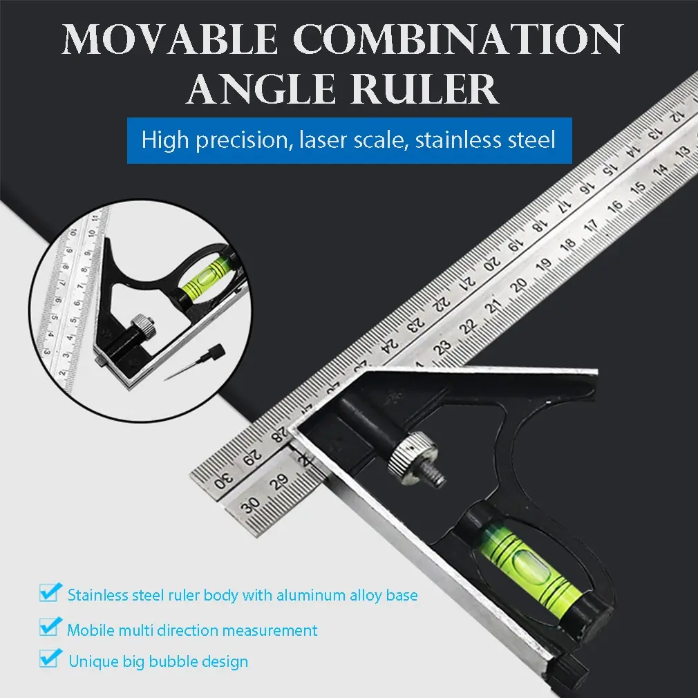 

12" 300mm Precise Measuring Tools Aluminium Multifunctional Combination Square DIY Workshop Hardware Angle Spirit Level Tool