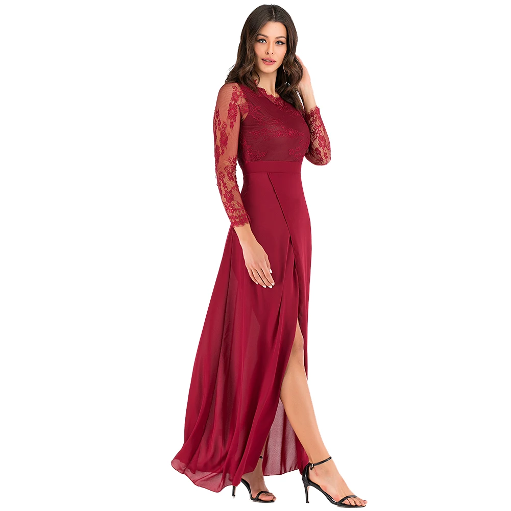 

Women's V Neck Long Sleeve Split Long Evening Party Dressess Ladies Sexy Lace Elegant Dress Hot New Fashion Dress Women Hot Sale