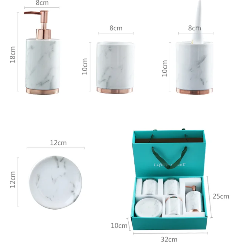 Ceramic Bathroom Accessories Set Soap Dishes/Dispensers Toothbrush Holder & Gargle Cups Wedding Gifts White & Gold Marbling