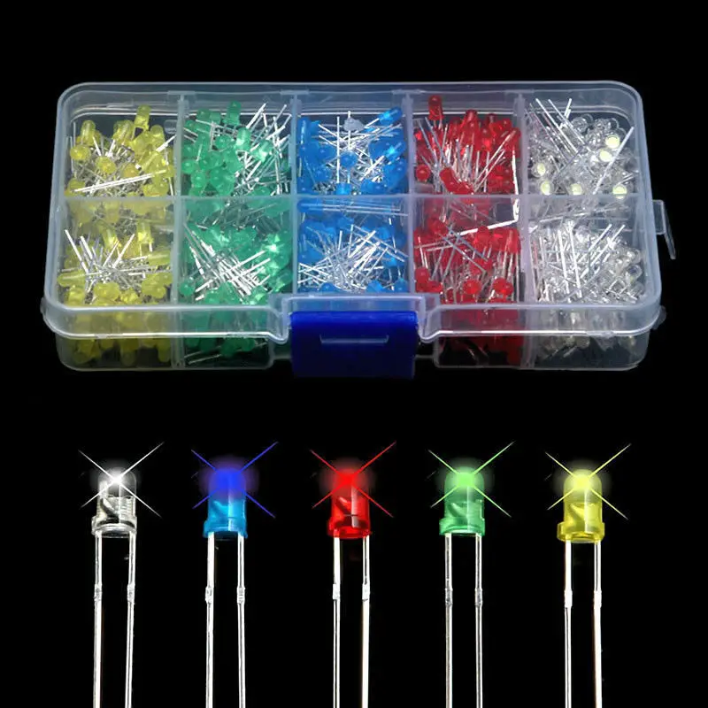 500Pcs 3mm LED Light 5 Color Mixed DIY Assortment Diodes Kit Light-emitting Box