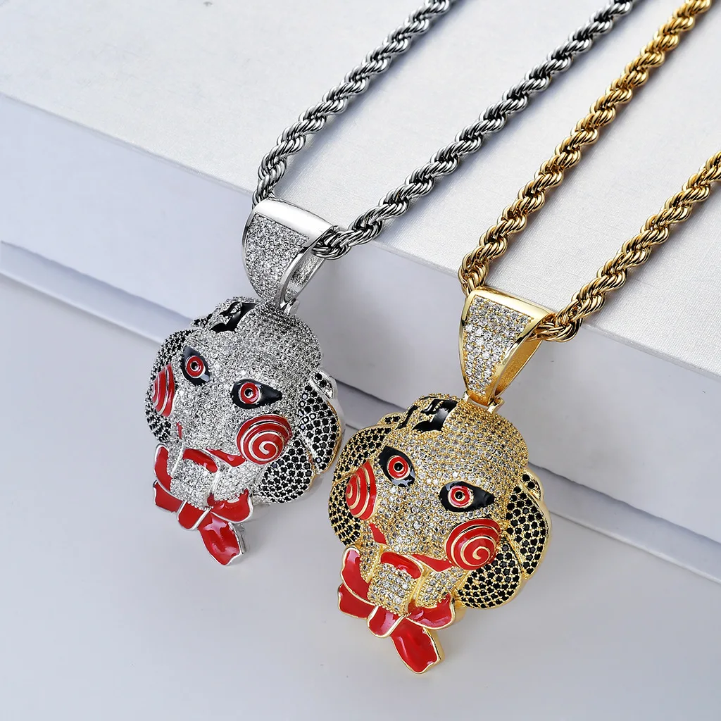 

Hip Hop Jewelry Cubic Zircon Gold Silver Saw Horror Movie Theme Iced Out Chain Men's Gifts Saw Clown Pendant Necklaces