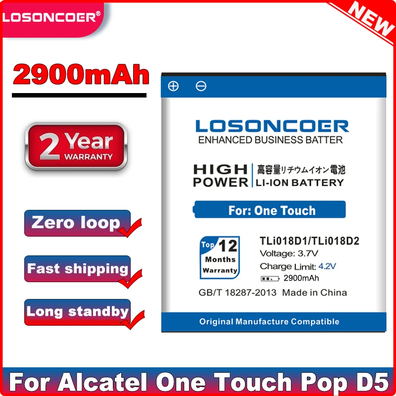 Аккумулятор LOSONCOER 2900 мАч TLi018D1 TLi018D2 для Alcatel One Touch Pop D5 Dual 5038x OT5038X 3 5015D OT