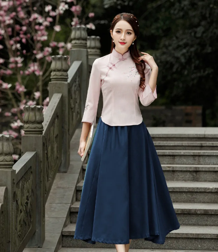 Зеленые хлопковые топы Qipao восточные Чонсам с коротким рукавом Hanfu рубашки винтажная блузка женская традиционная китайская одежда для