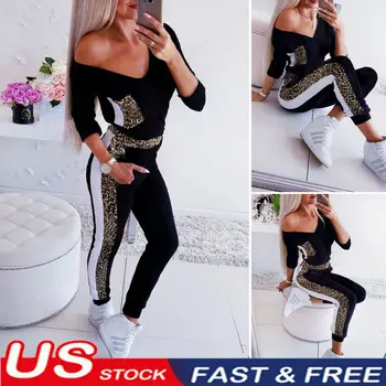 

Womens Jumpsuit Long Sleeve V-neck Casual Leopard Stretch Romper Bodycon Long Playsuit Jumpsuit Pants Trousers Femme S-XL