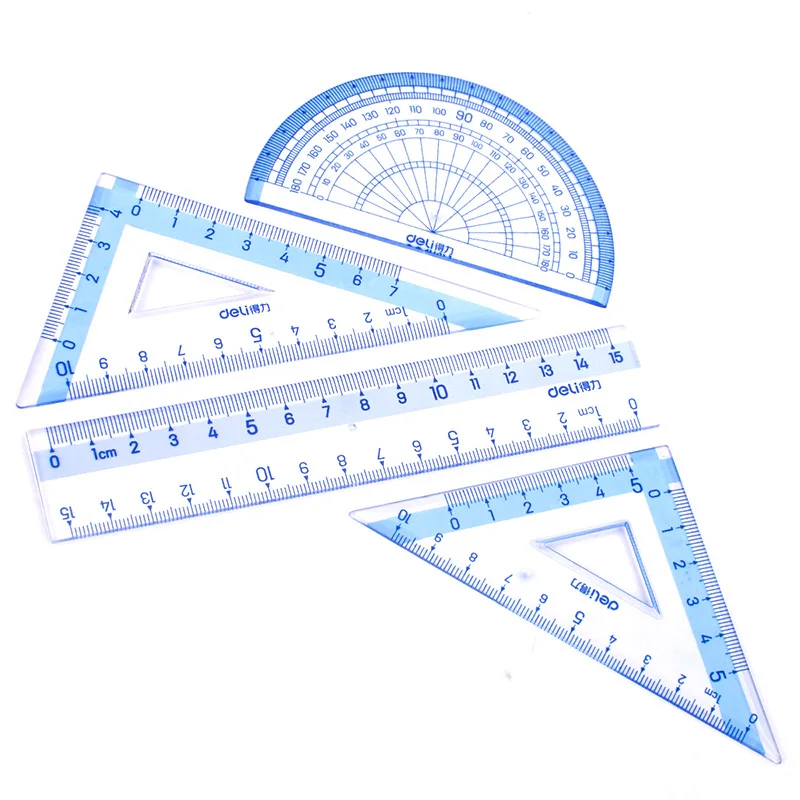 

Deli 9594 Students Ruler Sets Included 15cm Ruler + 45-Degree Triangle Ruler + 60-Degree Triangle Ruler + Protractor