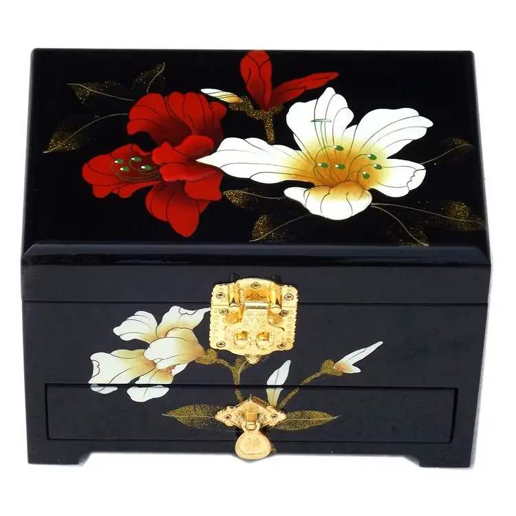 

Chinese Lacquerware 3 Layer Wood Jewelry Drawer Box Wholesale Packaging with Lock Decoration Storage Boxes Wedding Jewelry Case