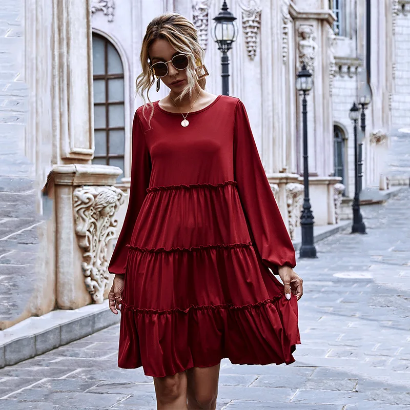 

Autumn Woman Red Dress 2020 Casual Long Sleeved Dresses Femme Stitching Round Neck Ruffles Elegant Dress for Women