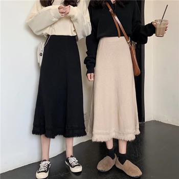 

new chic autumn Winter Women long sweater Umbrella skirt casual basic knitted A-line Skirt female solid elegant Skirts
