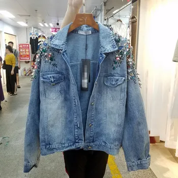 

2020 Spring Diamond Beaded Washed Denim Jacket Women's New Oversize Jean Coat Short Jackets Female Streetwear Students Coats Top