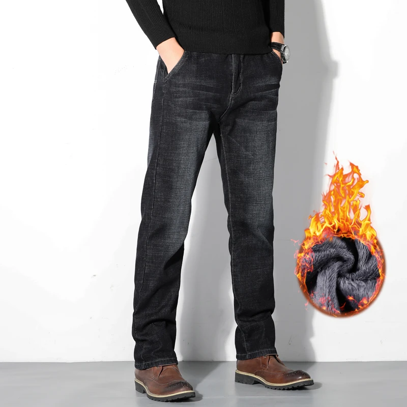 44, 46 размер,, зимние мужские джинсы из плотного флиса, классические черные свободные прямые теплые плюшевые штаны, уличная одежда с высокой талией, джинсы