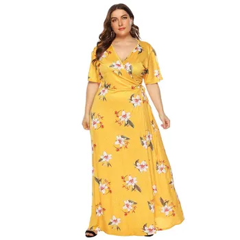 

2020 Summer Boho Oversized Dress Floor Length Lace Up Floral Maxi Dress V Neck Elegant Long Party Dress Women 4XL