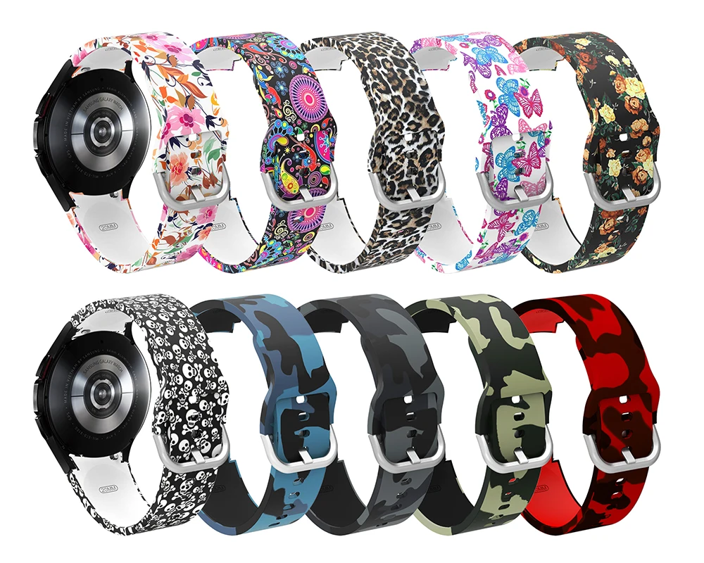 Banda de silicone impressa para Samsung Galaxy Watch 4, pulseira clássica, 42mm, 46mm, 6, 5, 4, 40mm, 44mm