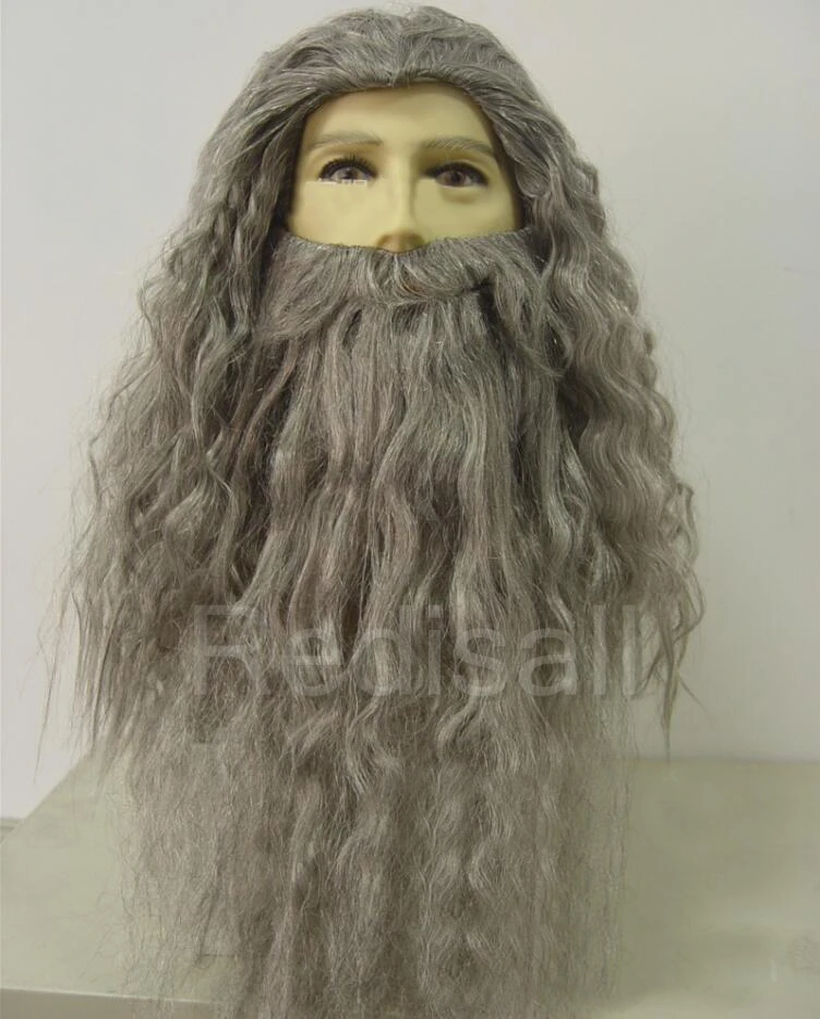 Властелин колец Гэндальф косплей парик борода усы Хоббит Митрандир серый длинные кудрявые синтетические волосы Хэллоуин косплей