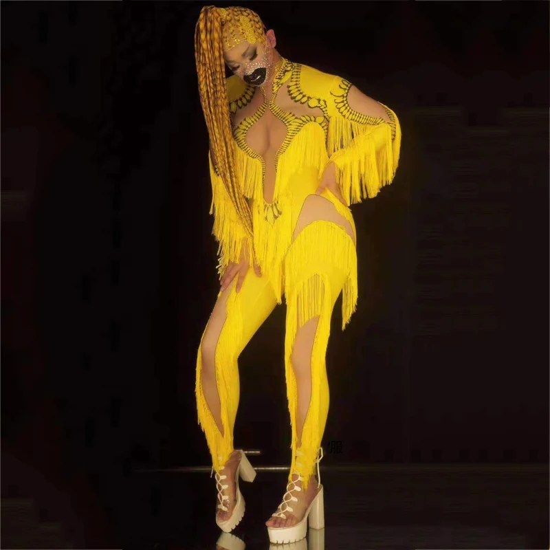 

Women Gogo Costume Yellow Fringed Long-Sleeved Jumpsuit Sexy Pole Dance Bodysuit Nightclub Ds Dj Party Stage Rave Outfit XS1690