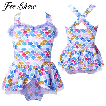

Summer Kids Girls One-piece Swimsuit Wide Shoulder Straps Fish Scales Printed Mermaid Swimwear Bathing Suit Children Beachwear