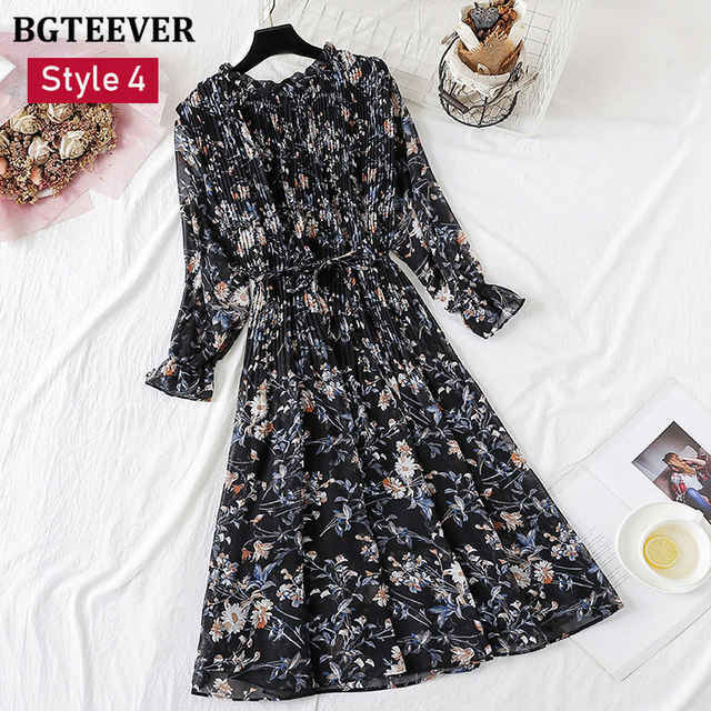 Spring Stand Collar Floral Print Women Dress Lace Up Female Pleated Dress Summer Party Midi Chiffon Vestidos femme 2021
