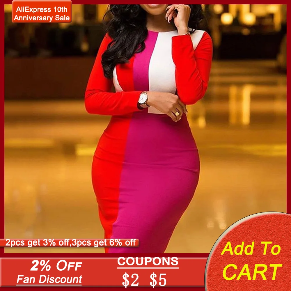 

Stripe Contrast Color Bodycon Midi Dress Spring Elegant Cocktail Party Dresses African Women Elegant Patchwork Office Vestidos