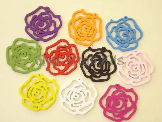 200pcs Big 46-48mm Flower Rose Filigree Wood Wooden Cabochon Pendants Charms For DIY Earrings Jewelry Making