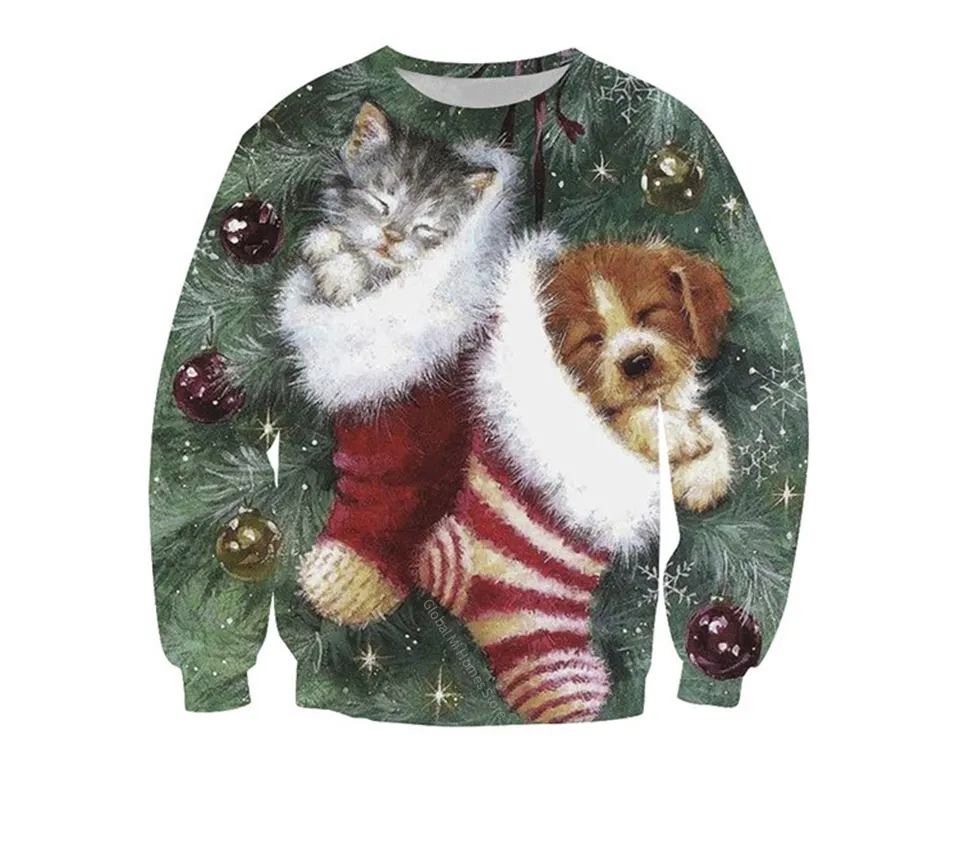 Xiaomi 3D Sweater Round Neck Long Sleeve Christmas Cat Dog Santa Print Comfortable Sweatshirt Clothing Casual for Men and Women - Цвет: Cat dog XXL