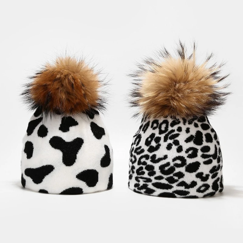 

Cute Cow Leopard Zebra Printed Beanie Hat with Detachable Pom Thicken Double Layer Warm Harajuku Knitted Black White Skull Cap