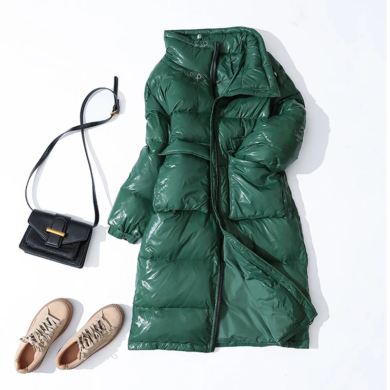 Ly Varey Lin Women Long Down Coat Winter Warm White Duck Down Parka Stand Collar Zipper Outwear Red Black Big Pocket Down Coat