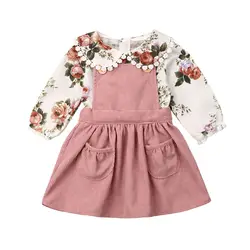 Осеннее платье на бретельках для маленьких девочек розовые платья с длинными рукавами и кукольным воротником и бретельками Праздничные