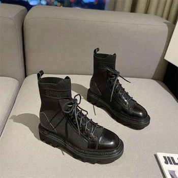 

Lace Up Martin Boots Patent leather shoes Women Ankle Boots Fashion Genuine Leather Chelsea Low-heeled Winter Boots For Women