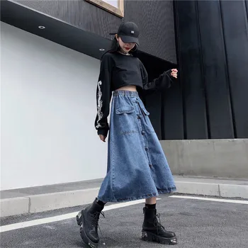 

Washed Retro Elastic High Waist Denim Midi Skirt For Women Swing Loose A Line Denim Skirt Women Casual Long Blue Jeans Skirt